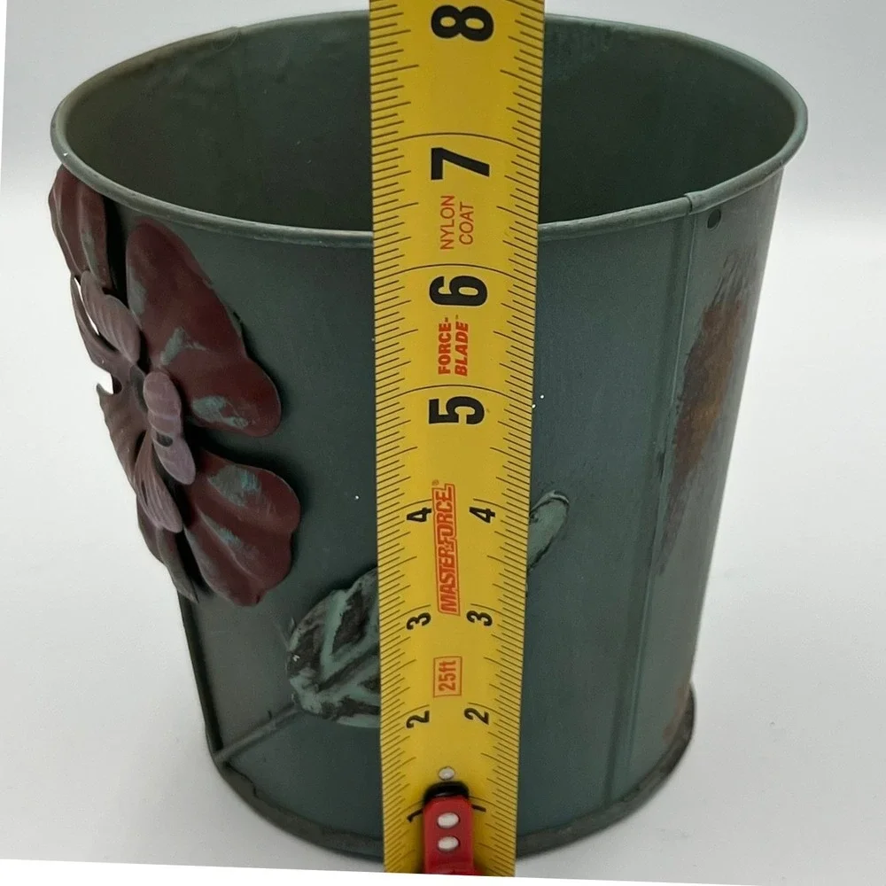 Metal Flower Planter Bucket OS Green Good Rustic 3D Floral Embossed